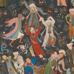Män i färgglada kläder dansar och spelar musik, en scen som skildrar sufi islam.