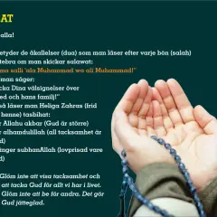 Händer i bön med radband, text om taqibat efter salah (islamisk bön) och salawat.