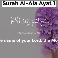 Text från Surah Al-Ala, vers 1, med arabisk skrift och översättning: "Lovprisa din Herres namn, den Högste." En lila hyacint syns.