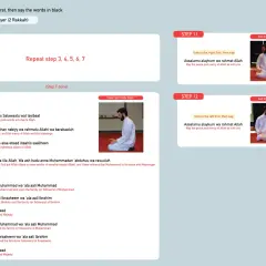 Steg 11 och 12 visar hur man vänder sig åt höger och vänster under bönen, med texten "Assalamu alaykum wa rahmat Allah" som en del av wudu dua.