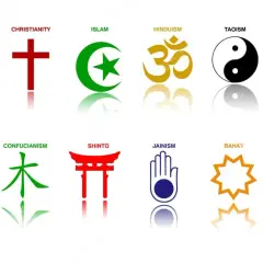 Symboler för olika religioner, inklusive islam med halvmåne och stjärna. Jämför med judendom, kristendom, hinduism, buddhism, taoism, shinto, jainism, bahá'í och inhemsk andlighet.