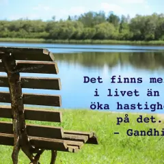 En bänk vid en sjö med texten "Det finns mer här i livet än att öka hastigheten på det. - Gandhi". En påminnelse om att njuta av lugnet, som en دعاء يوم السبت.