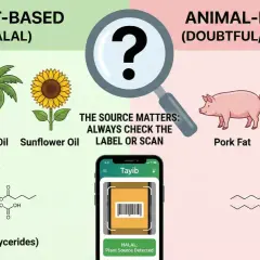 Infographic comparing plant-based (halal) sources like soybean, palm, and sunflower oil with animal-based (doubtful/haram) sources like pork fat and beef tallow, both leading to E471.