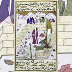 Miniatyrbild som visar en gravöppning där män arbetar. En person ligger i graven, vilket kan tolkas som en illustration av hur Muhammad dog.