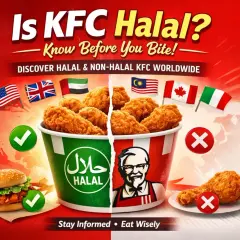 Är KFC halal i Sverige? Bilden visar en delad hink med kyckling, en med halal-symbol, och flaggor från olika länder.
