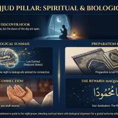 En guide till Tahajjud: hur många rakat är Tahajjud? Bilden visar en person som ber, en hjärna, bönekuddar och en väckarklocka.
