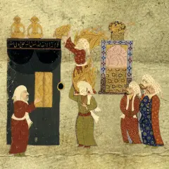 En man vid Kaba, en annan bär en brinnande lammskinnsrulle. Muhammeds make/maka är inte synlig.