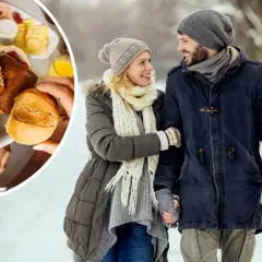 Ett par i vinterkläder håller varandra i handen. Till vänster syns en närbild på en frukost med bröd och frukt. En fin söndagsbön.