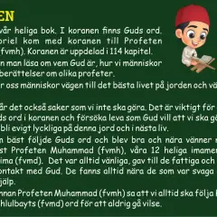 Två barn läser Koranen, Guds ord. En gul fågel tittar på. Koranen vägleder oss.