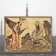 En ängel pekar anklagande mot en man, en scen som kan tolkas som en illustration av synder inom islam. Bakgrunden visar silhuetter av moskéer.