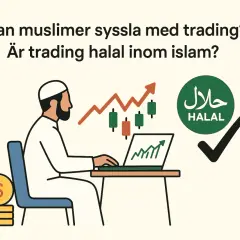 Muslimsk man tittar på tradingdiagram på laptop. Frågan är om trading är halal. En grön cirkel med "HALAL" och en bock indikerar att det är tillåtet.