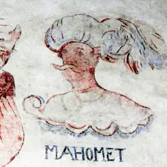 En målning av en man med en stor huvudbonad, märkt "MAHOMET". Frågan "hur många fruar hade muhammed" kan väckas av denna historiska avbildning.