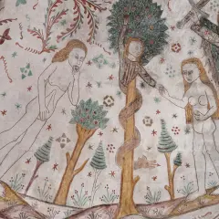 En medeltida målning visar adam och eva vid kunskapens träd. Ormen slingrar sig runt stammen, och en ängel med svärd står redo.