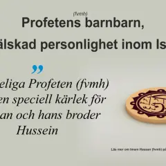 Two Islamic medallions with Arabic calligraphy on a light background, with Swedish text about Prophet Muhammad's grandchildren.