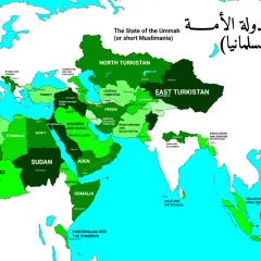 En karta som visar "The State of the Ummah" (eller kort Muslimania), ett hypotetiskt islamiskt rike som sträcker sig över Nordafrika, Mellanöstern och delar av Asien.