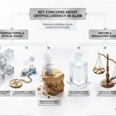 Diagrammet visar varför **krypto är haram** enligt islamiska principer, med fokus på transaktionella, etiska och regulatoriska problem.