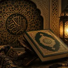 En vackert dekorerad Koran på ett träställ, med en islamisk lykta och en bönkedja. En hyllning till tro och tradition, som påminner om Ibrahim ibn Muhammad.