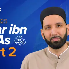 En man med skägg och en svart mössa, med texten "Amr ibn al-As Part 2" och en moské i bakgrunden.