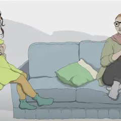 En flicka i ljusgrön klänning omfamnas av en pojke. En kvinna i hijab sitter på en soffa och funderar på om makeup är haram.