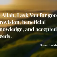 En vacker soluppgång över ett grönt landskap ackompanjerar en bön för god försörjning, kunskap och goda gärningar. دعاء يوم الاثنين.