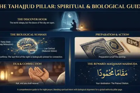 En guide till Tahajjud: hur många rakat är Tahajjud? Bilden visar en person som ber, en hjärna, bönekuddar och en väckarklocka.