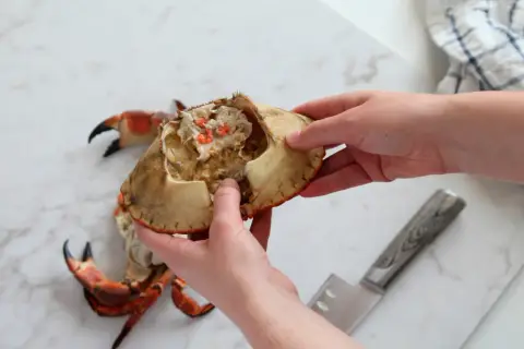 Händer öppnar en krabba, med klor och kött synligt. Frågan om krabba är halal kan vara relevant för vissa.