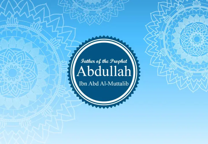Abdullah, far till profeten, Ibn Abd Al-Muttalib, framhävd mot en blå bakgrund med ljusa ornament.