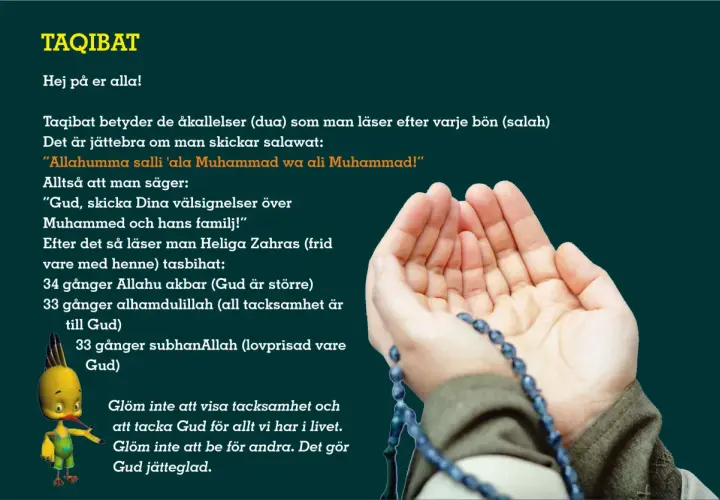 Händer i bön med radband, text om taqibat efter salah (islamisk bön) och salawat.