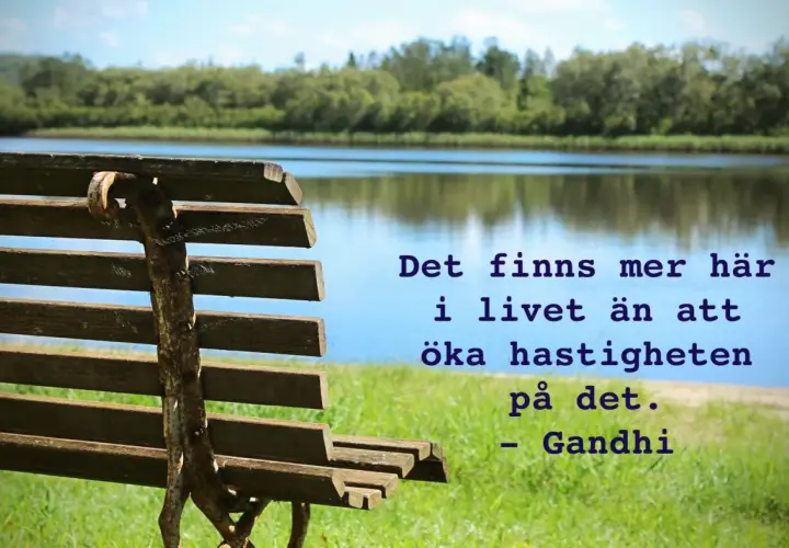 En bänk vid en sjö med texten "Det finns mer här i livet än att öka hastigheten på det. - Gandhi". En påminnelse om att njuta av lugnet, som en دعاء يوم السبت.