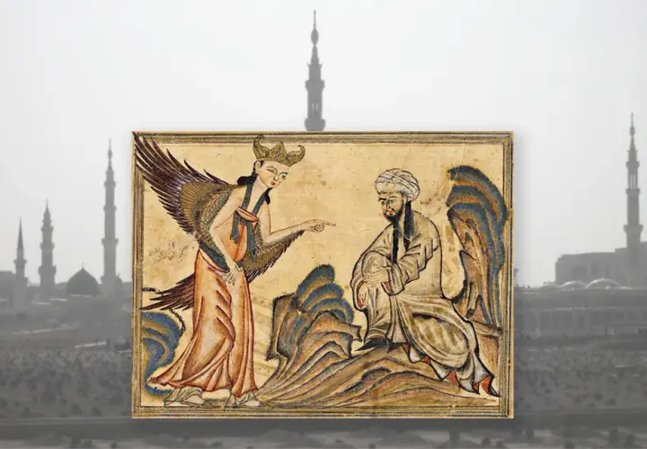 En ängel med vingar talar till en man i en islamisk miniatyrmålning, som representerar en av alla profeter i islam.