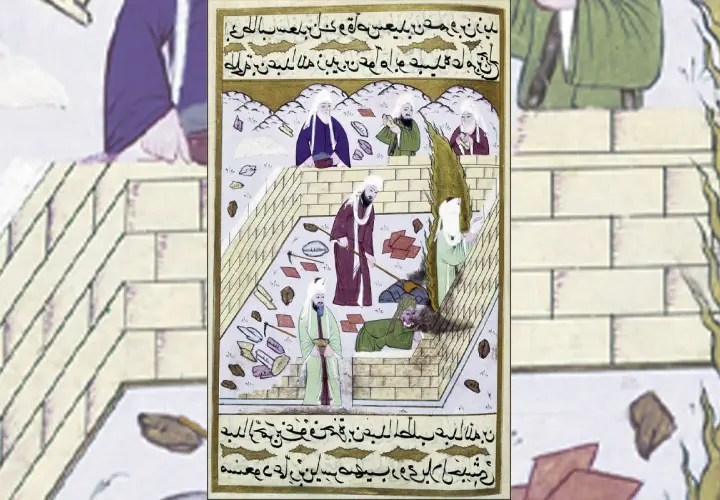 Miniatyrbild som visar en gravöppning där män arbetar. En person ligger i graven, vilket kan tolkas som en illustration av hur Muhammad dog.