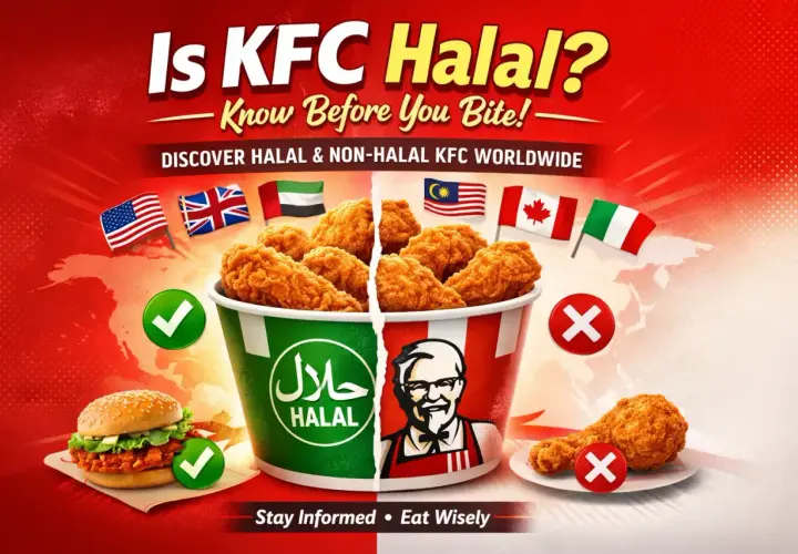 Är KFC halal i Sverige? Bilden visar en delad hink med kyckling, en med halal-symbol, och flaggor från olika länder.