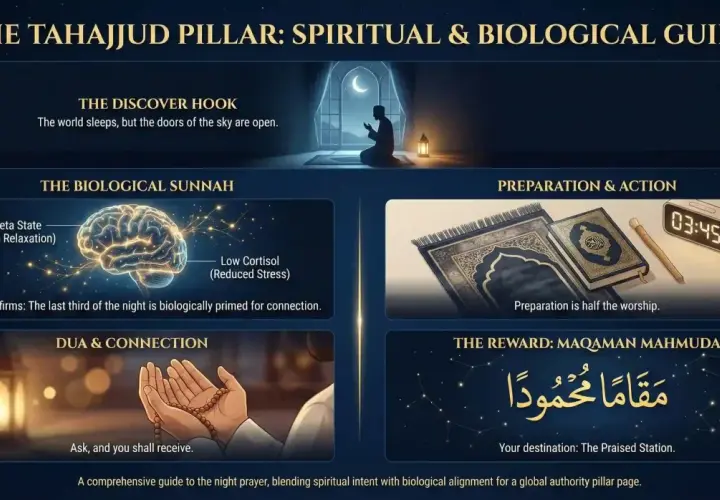 En guide till Tahajjud: hur många rakat är Tahajjud? Bilden visar en person som ber, en hjärna, bönekuddar och en väckarklocka.