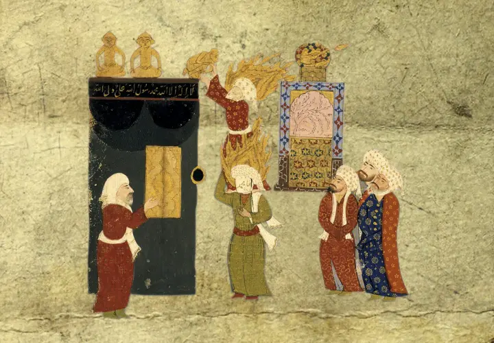 En man vid Kaba, en annan bär en brinnande lammskinnsrulle. Muhammeds make/maka är inte synlig.