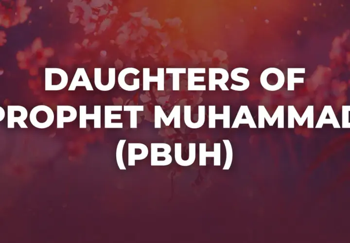 Text "DAUGHTERS OF PROPHET MUHAMMAD (PBUH)" mot röd bakgrund med blommor.