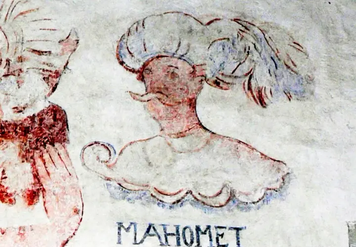 En målning av en man med en stor huvudbonad, märkt "MAHOMET". Frågan "hur många fruar hade muhammed" kan väckas av denna historiska avbildning.