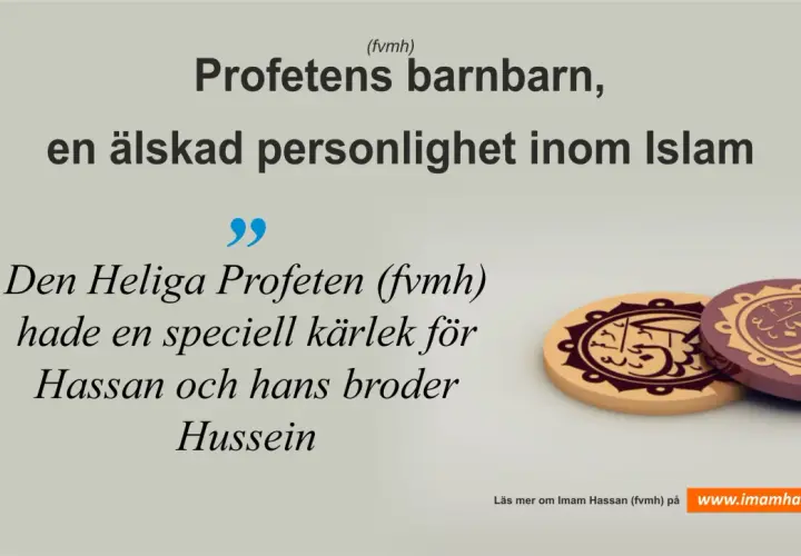 Two Islamic medallions with Arabic calligraphy on a light background, with Swedish text about Prophet Muhammad's grandchildren.