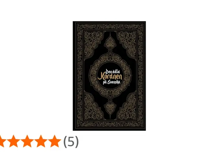Svart bok med gul text: "Den ädla Koranen på Svenska". En vacker utgåva för att förstå Koranen på svenska.