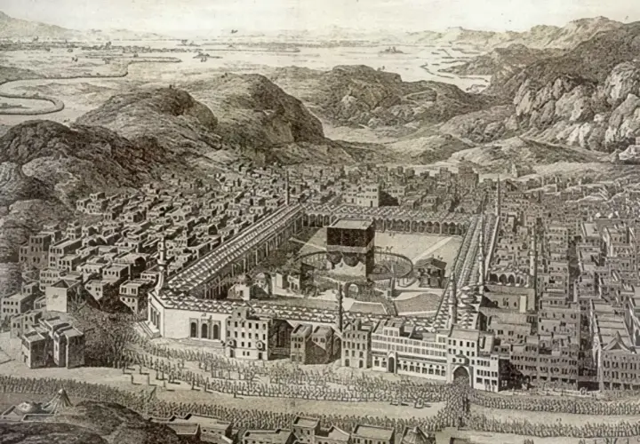 En historisk gravyr av Mecka med Kaba i centrum, omgiven av byggnader och berg. En folkmassa samlas, kanske under ledning av Abd al-Muttalib.