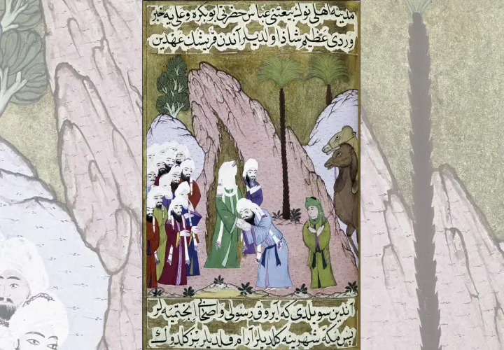 En miniatyrmålning visar en grupp män, kameler och en ung person i en bergig miljö. Den skildrar vem är Muhammed inom islam.