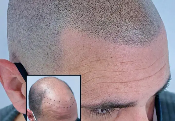 Närbild på en rakad skalle med en insatt bild som visar markerade punkter för hårtransplantation. Frågan om hårtransplantation är haram är relevant för många.