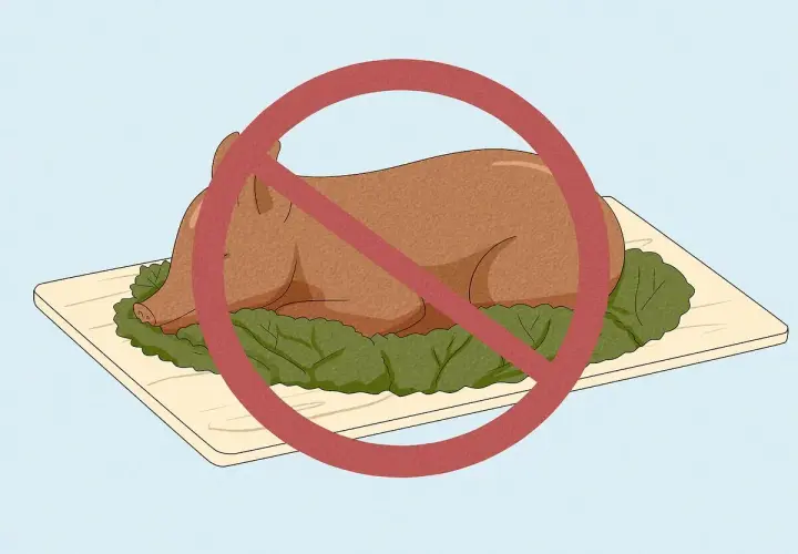 En hel, stekt gris på ett fat, med ett rött förbudstecken över. Detta symboliserar att fläskkött är haram.