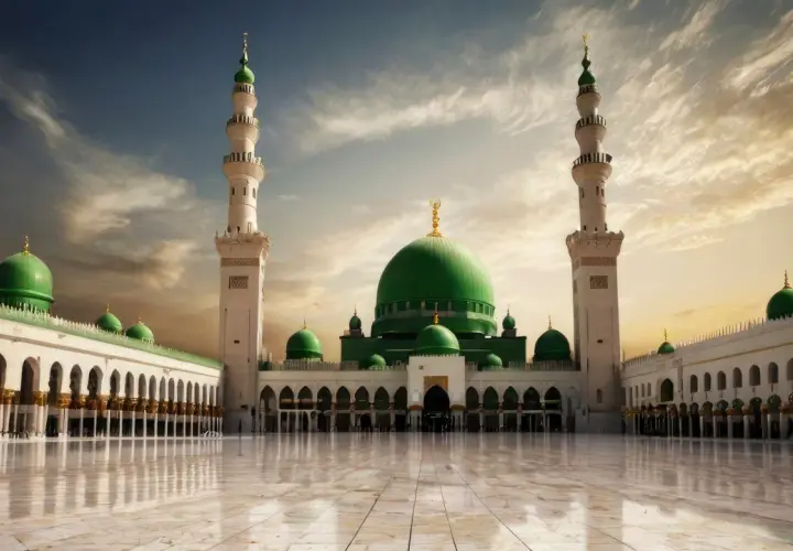 Profetens moské i Medina med sina gröna kupoler och minareter. En plats för bön och reflektion, som Muhammed kisa besökte.
