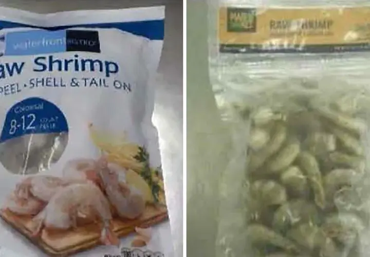 Två förpackningar råa räkor. En vit påse med texten "Raw Shrimp" och en genomskinlig plastpåse med räkor. Frågan om räkor är halal är relevant för många.