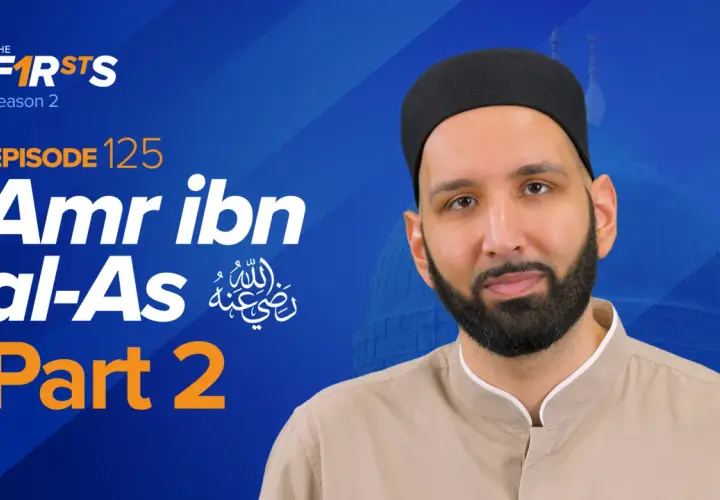 En man med skägg och en svart mössa, med texten "Amr ibn al-As Part 2" och en moské i bakgrunden.