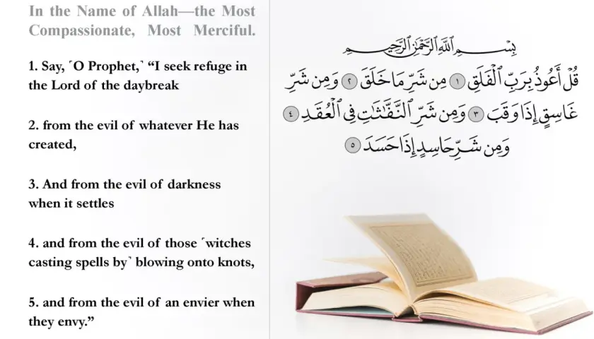 Text från Surah Al-Falaq, som beskriver sökandet efter skydd från ondska.