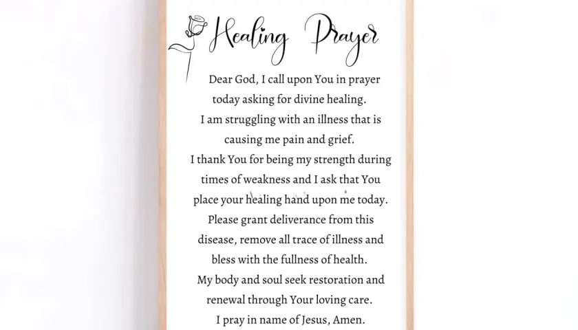 En inramad text med en bön om helande. Texten lyder: "Healing Prayer. Dear God, I call upon You in prayer today asking for divine healing. I am struggling with an illness that is causing me pain and grief. I thank You for being my strength during times...