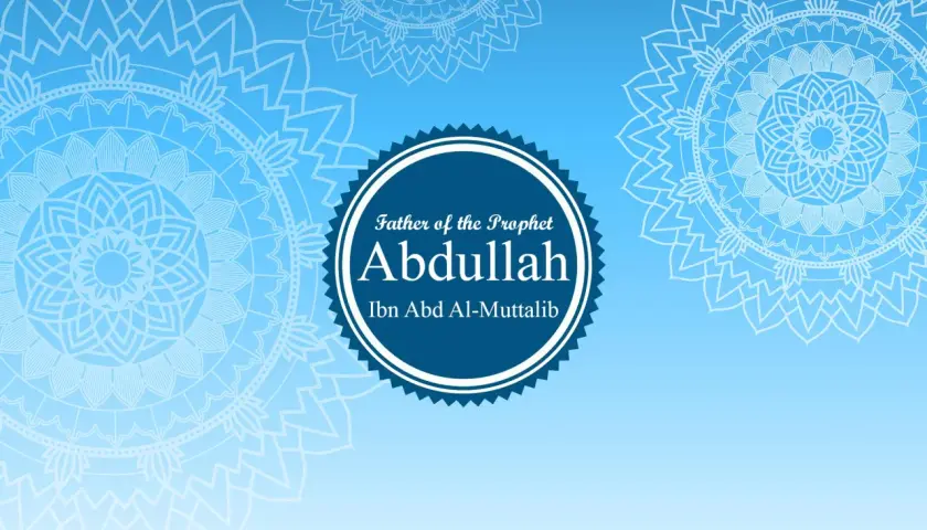 Abdullah, far till profeten, Ibn Abd Al-Muttalib, framhävd mot en blå bakgrund med ljusa ornament.