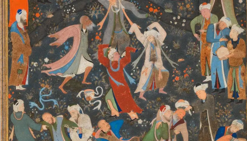 Män i färgglada kläder dansar och spelar musik, en scen som skildrar sufi islam.