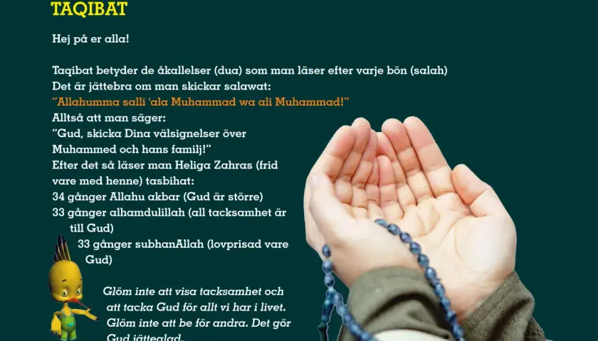 Händer i bön med radband, text om taqibat efter salah (islamisk bön) och salawat.